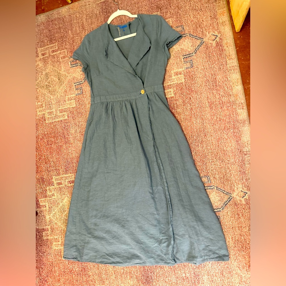 Yuvita linen collared maxi wrap dress size medium in grey green - Picture 2 of 16